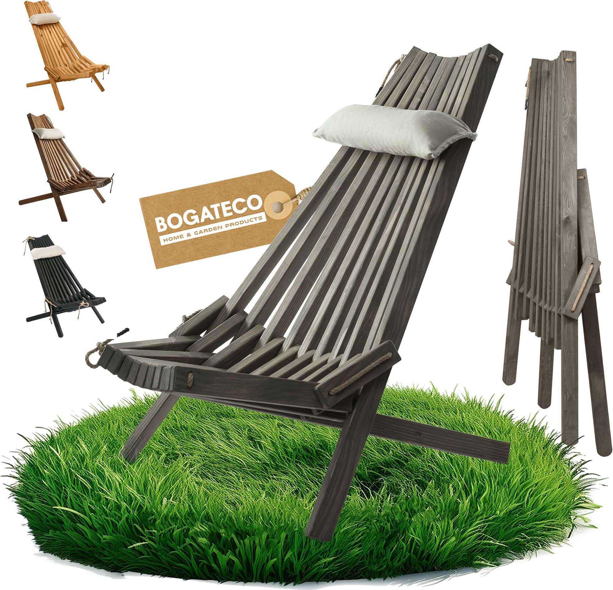 BOGATECO Klappbarer Gartenstuhl aus Holz mit dem Kopfkissen | 100 x 55 x 30 cm | Rckenlnge 90 cm | Sonnenliege | Anthrazit