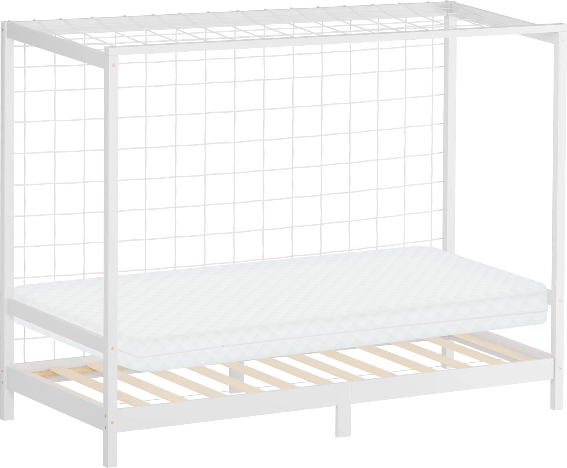 ML-Design Kinderbett Fußballtor 90x200 cm Einzelbett mit Matratze H:10cm Weiß Holzbett mit Lattenrost & Netz Jugendbett aus Kiefernholz Handballtor 490017851