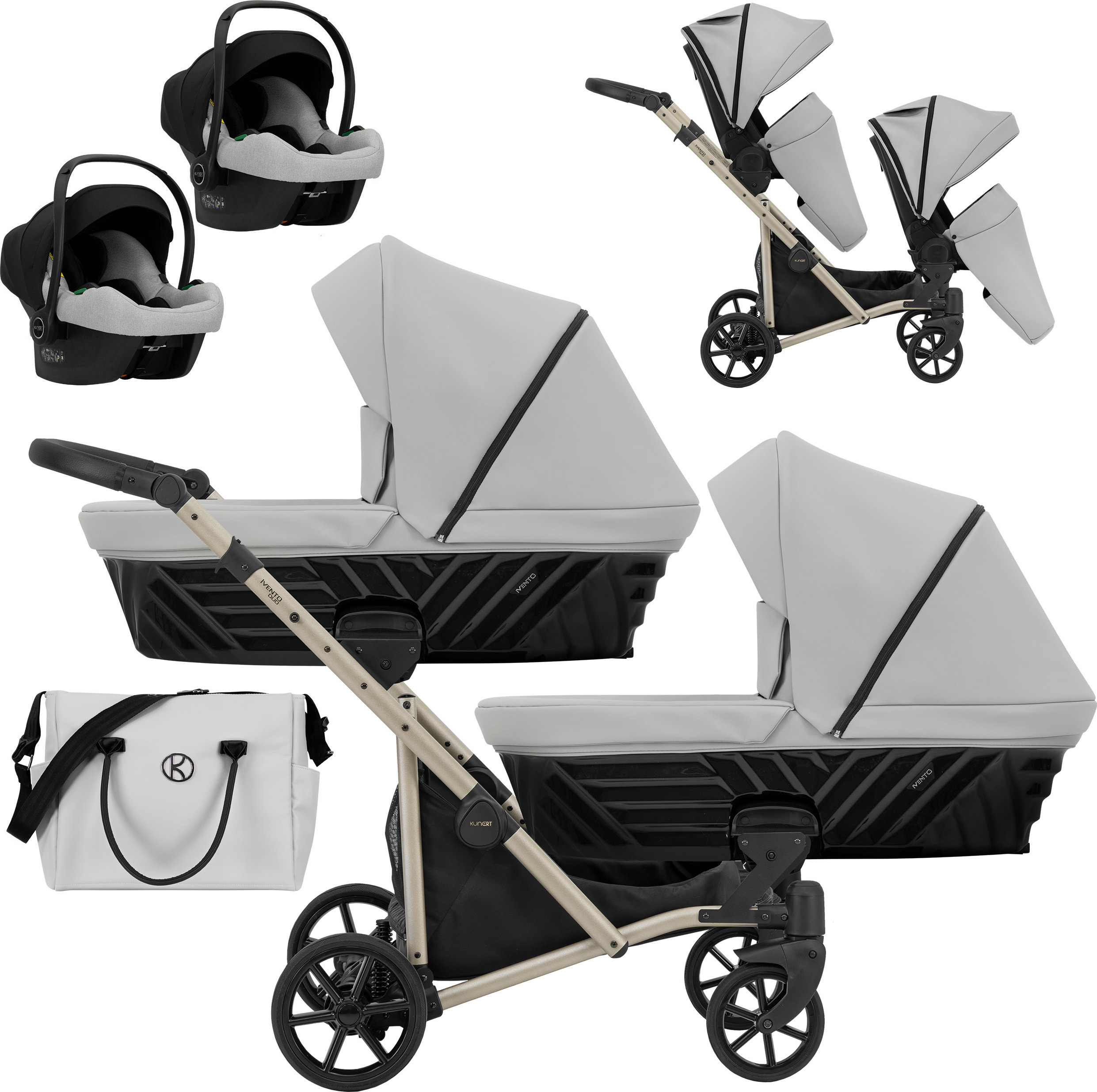 Kinderwagen IVENTO DUO 3 in 1 Komplettset Zwillingskinderwagen Geschwisterwagen Zwillingsbuggy Doppelkinderwagen (Dove Grey, Rahmenfarbe: champagne)