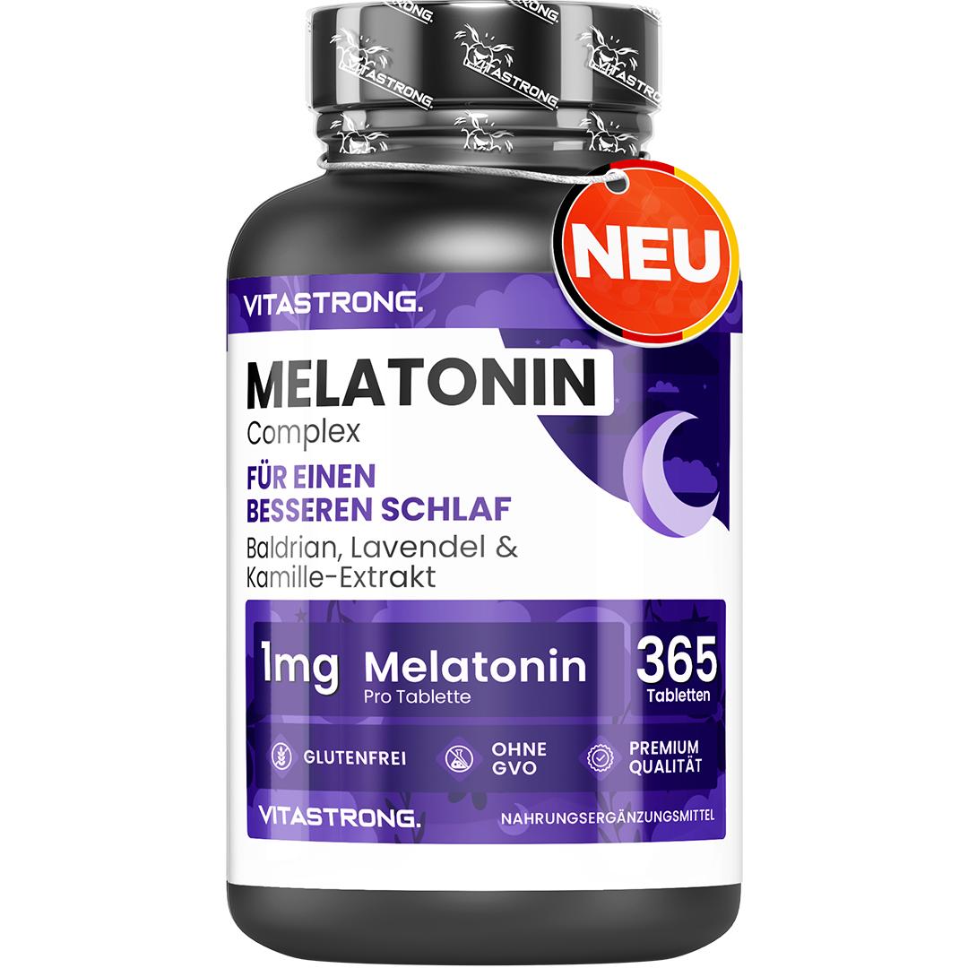 Melatonin Vitastrong Komplex, 365 Mikro-Tabletten, Melatonin Hochdosiert mit Kamille, Baldrian, Lavendel und Vitamin B6, Melatonin Tabletten für Schlafqualität und Jetlag, Zucker- Gluten- und GVO-Frei