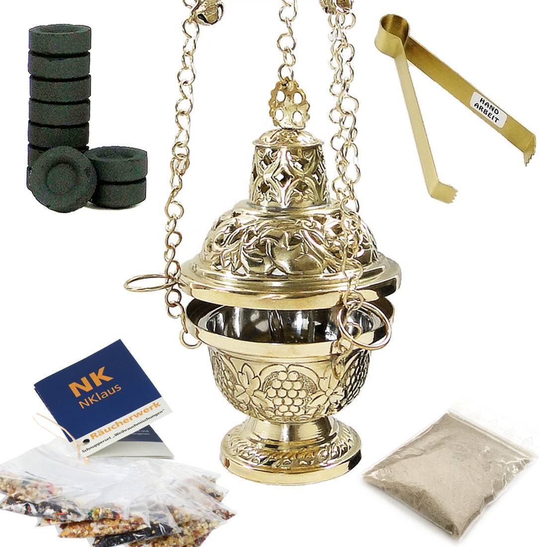 NKlaus 14tlg Set Weihrauchfass in Gold Kohlezange Räucherwerk Räuchersand Räucherkohle