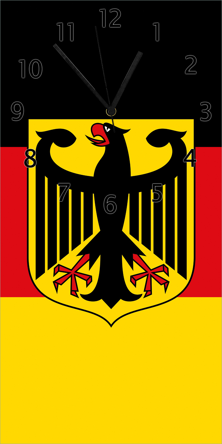 Wallario Design Wanduhr bedruckt, Größe 30 x 60 cm, Motiv: Deutsche Flagge mit Wappen sua0775-3060