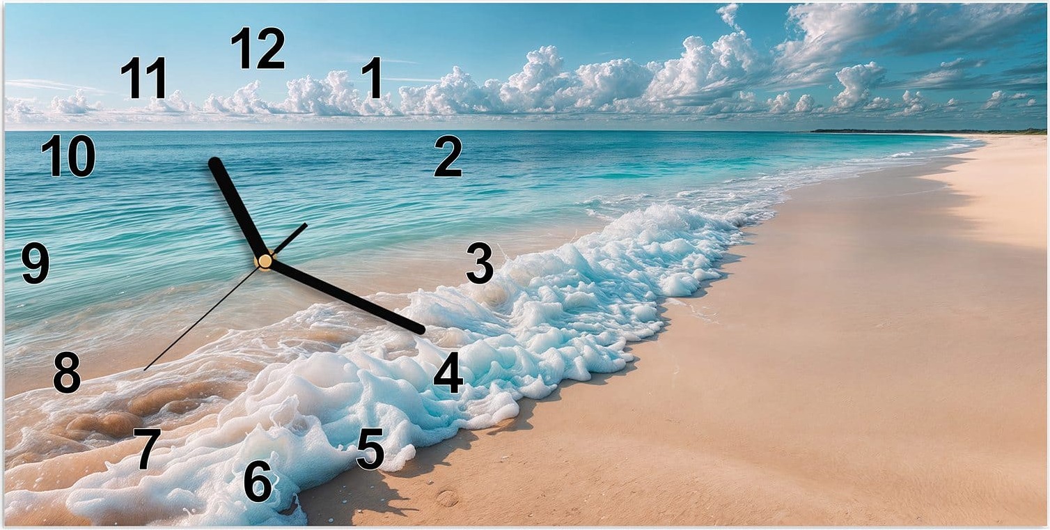 Primedeco Wanduhr aus Glas mit Motiv Strand Surf Wellen- 60 x 30 cm - inkl. Aufhängesystem