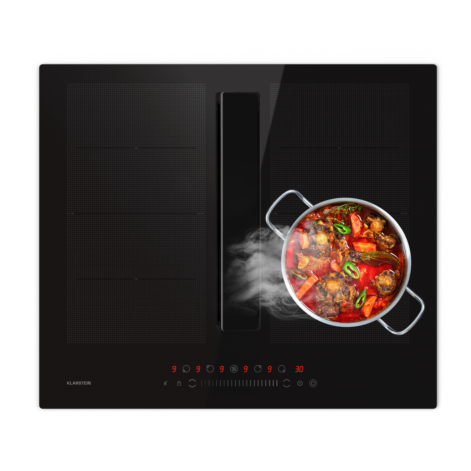 Klarstein Chef-Fusion indukčná varná doska s digestorom - 60 cm, 600 m³/h, 6400 W, flexi zóna, energetická účinnosť A, dotykové ovládanie, úspora miesta, čierna, indukčná varná doska