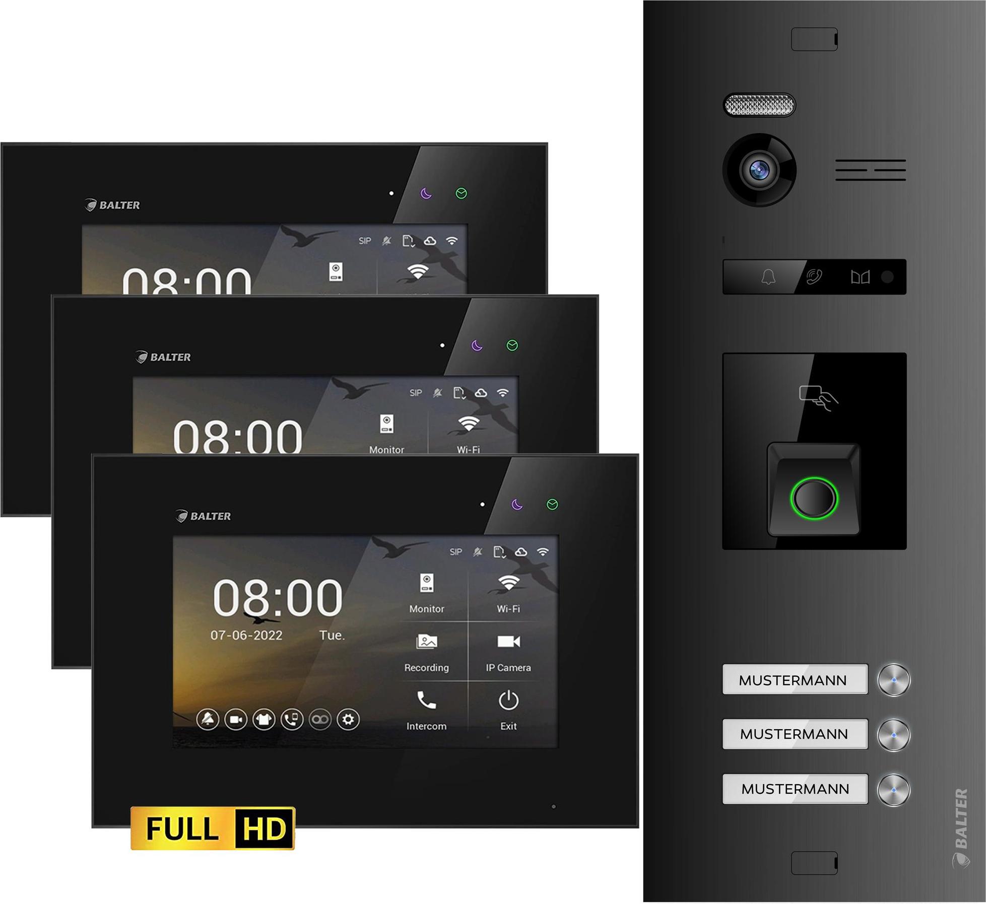 Balter EVO HD Video Türsprechanlage mit Fingerprint und RFID für 3 Familienhaus, 3x Monitore