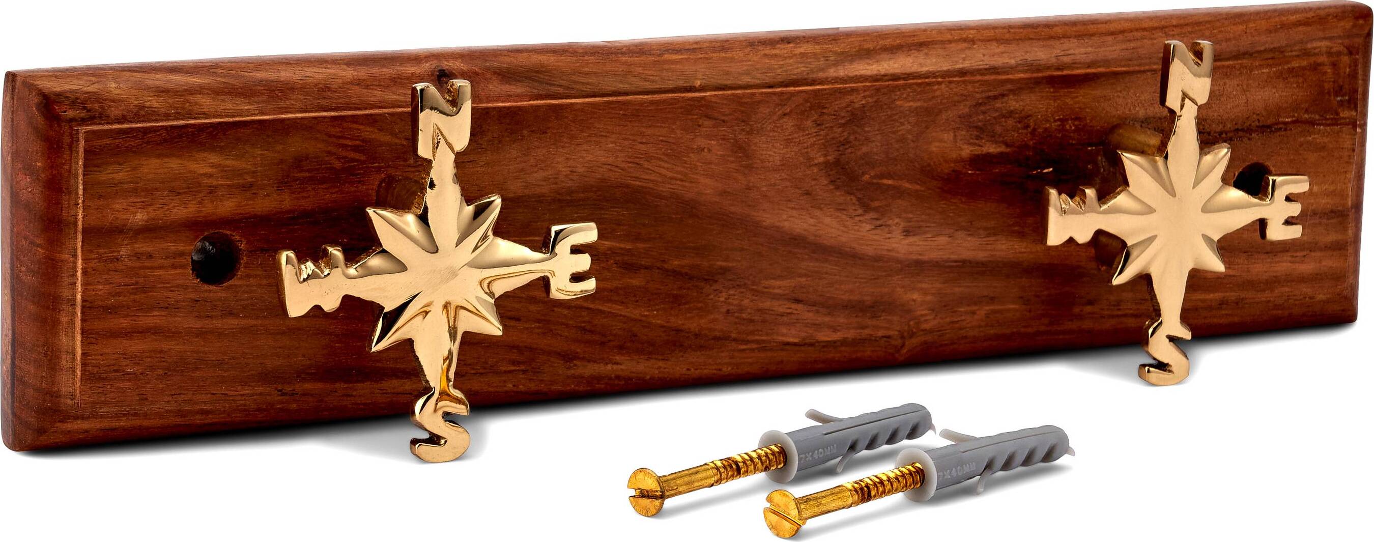 NKlaus Maritim Hakenleiste Windrosen 2-fach mit Messing auf Holz 30x7x4cm Kleiderhaken