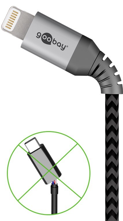 Textilný kábel Lightning na USB-A s kovovými zástrčkami, mimoriadne robustný pripojovací kábel pre Apple iPhone, iPad, iPod, AirPod, optimalizovaná ochrana proti zalomeniu