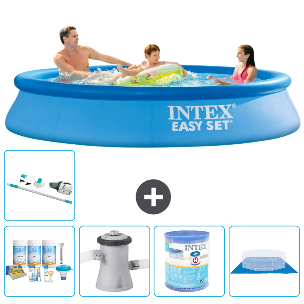 Okrúhly nafukovací bazén Intex Easy Set - 305 x 61 cm - modrý - súčasťou balenia je balík na údržbu - filtračné čerpadlo pre bazén - filter - podložka - vysávač