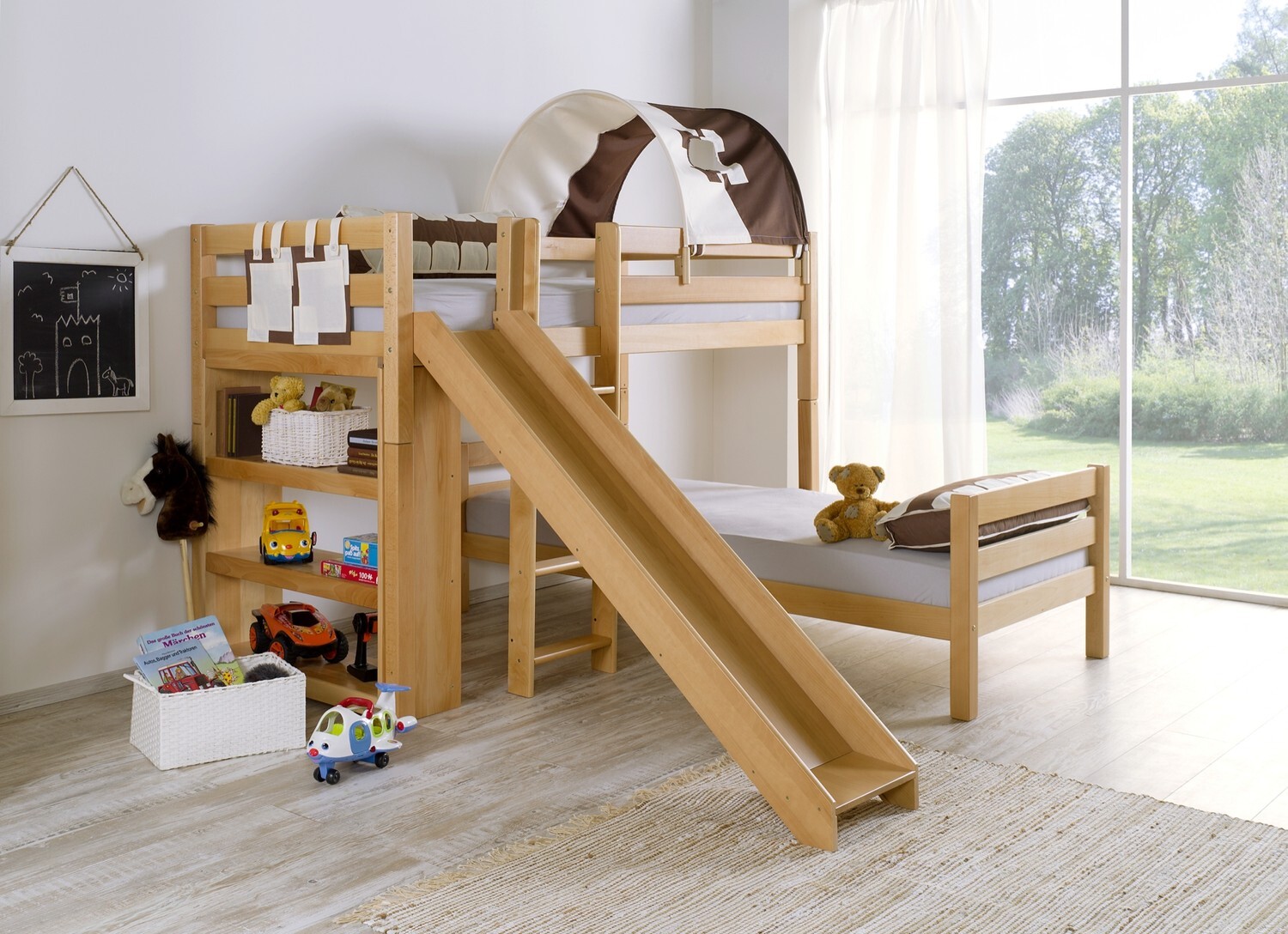 Natur24 Etagen- bzw. 2. Einzelbetten Beni Buche massiv Natur lackiert mit Rutsche 90x200 BE3021114-B90+ZB3171114+TX5072075+TX5032075