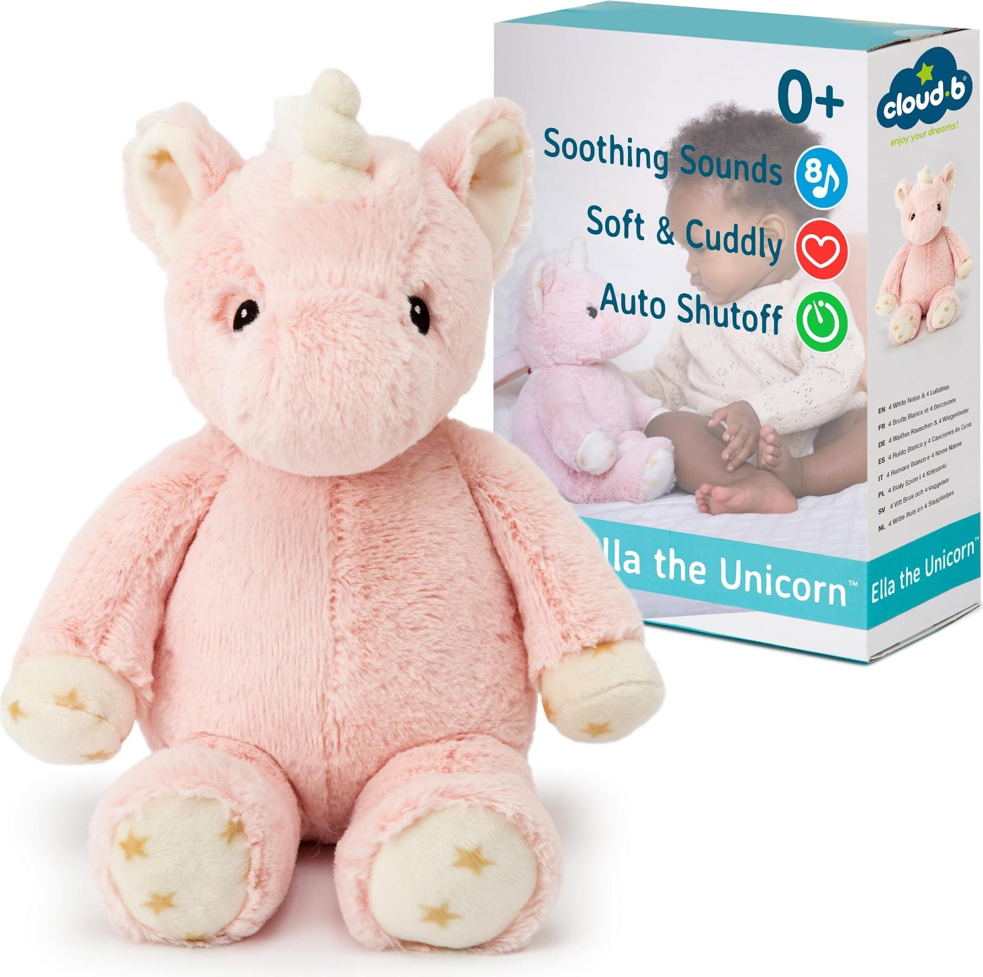Cloud b Ella The Unicorn - Kuscheliges Stofftier Babyspielzeug Sternenprojektor Nachtlicht Baby | Sanftes Licht Weiß Rauschen Maschine | Perfekte Baby Spielzeug Schnuller