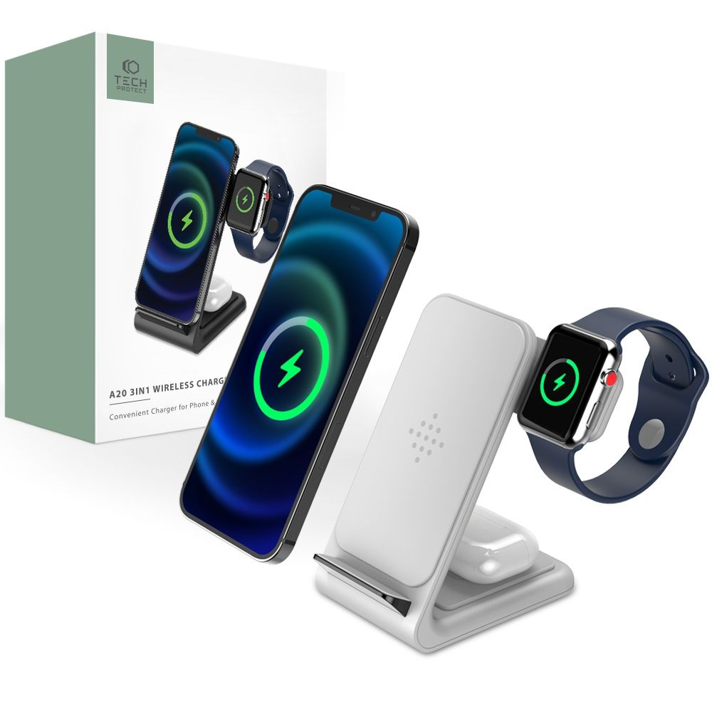 Tech-Protect A20 3in1 bezdrôtová nabíjačka na mobil / AirPods / Apple Watch, biela