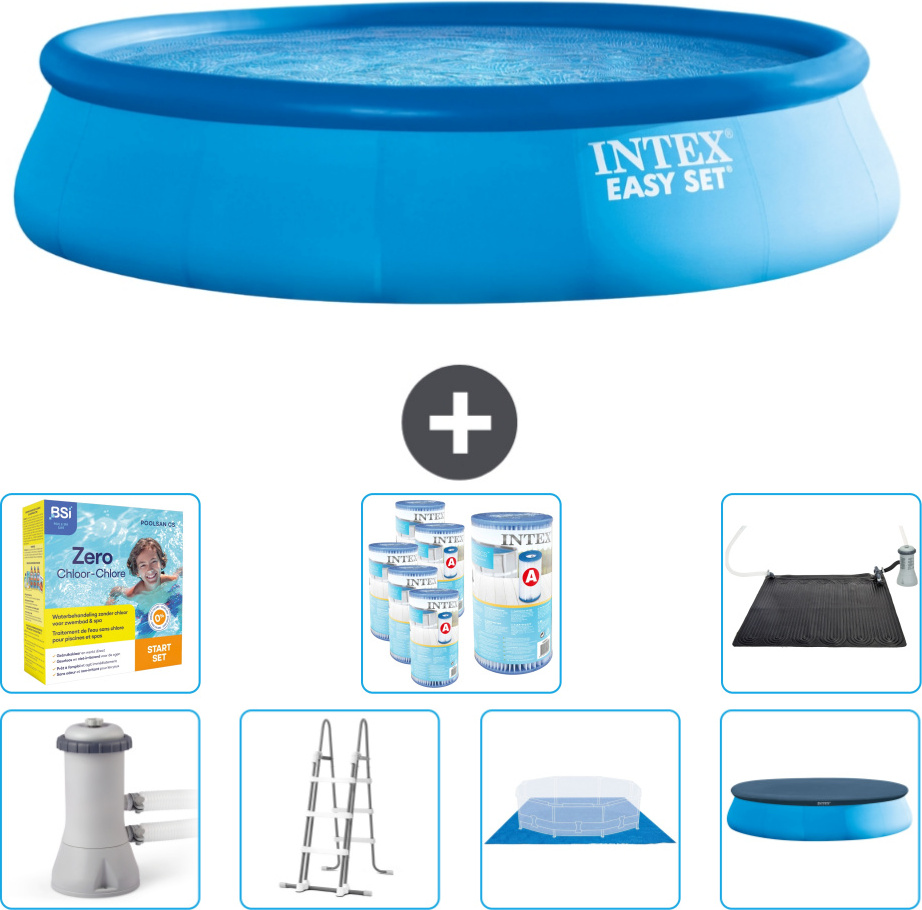 Okrúhly nafukovací bazén Intex Easy Set - 457 x 107 cm - modrý - vrátane čerpadla - rebríka - krycej plachty - balenia na údržbu - filtra - solárnej podložky