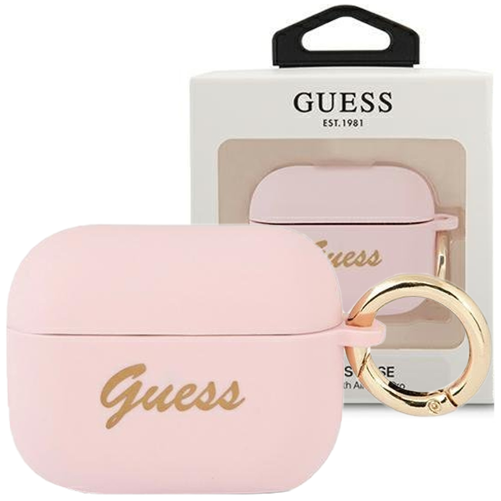 Guess GUAPSSSI púzdro na Airpods PRO pink Silicone Vintage Script