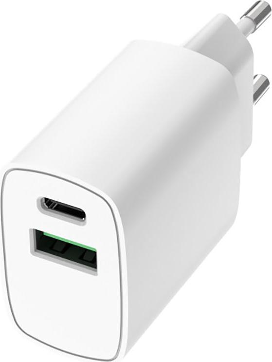 Grab 'N Go, dvojportová sieťová nabíjačka USB-A 18W / USB-C 20W Power Delivery, biela