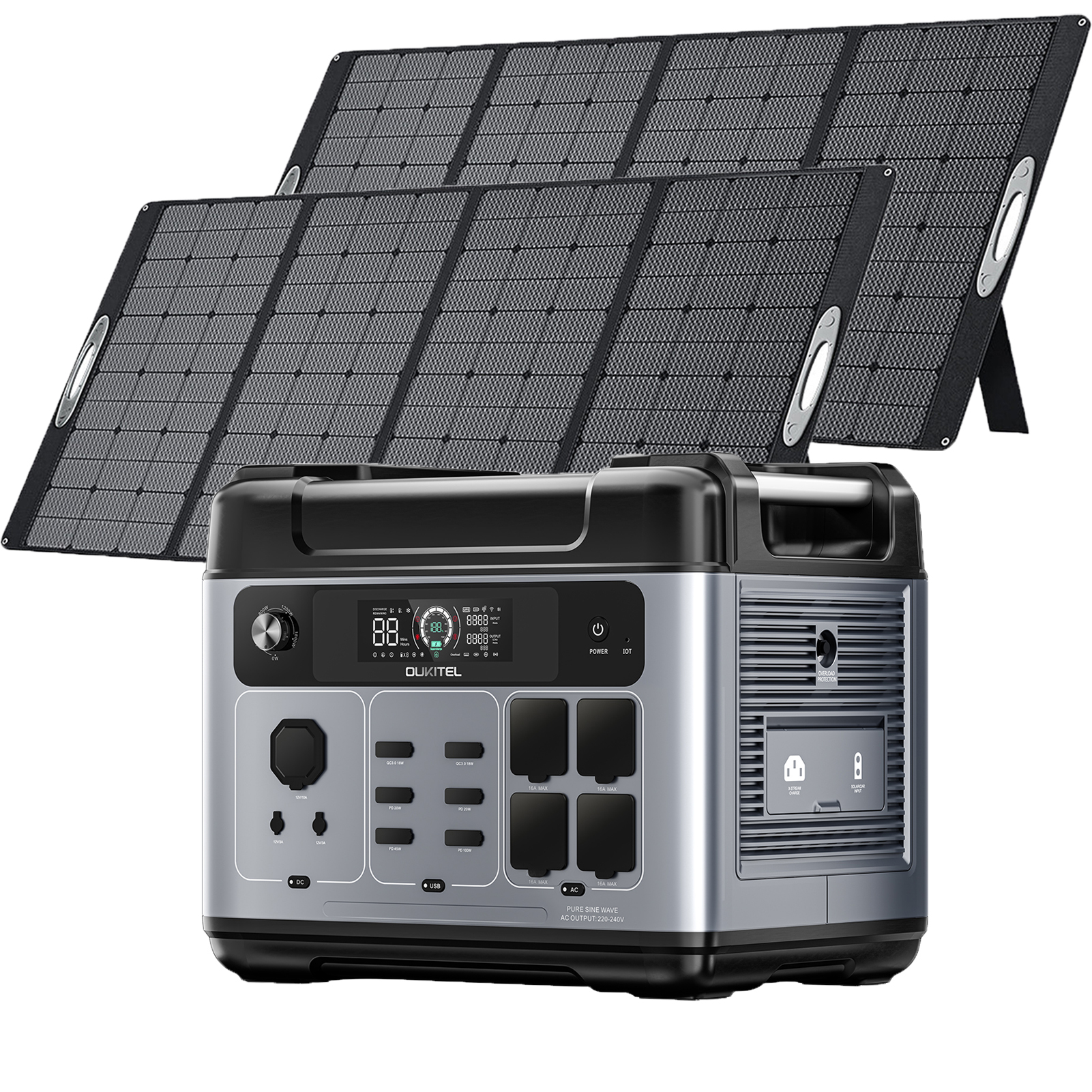 OUKITEL P2001 Plus Powerstation 2400W 2048Wh LiFePO4 batériový solárny generátor, WiFi+BT ovládanie generátora energie núdzový generátor + 2* PV400E 400W solárny panel