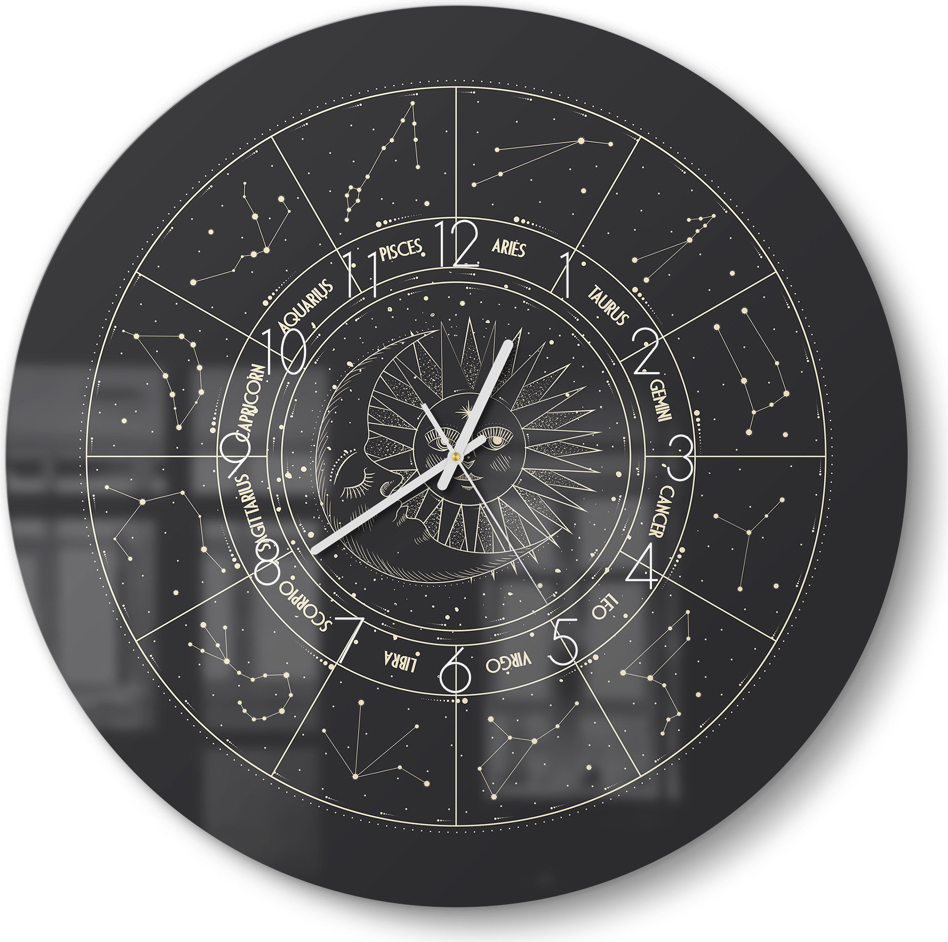 DEQORI DEQOART Glasuhr Ø50 cm Zahlen 'Sternenzyklus' Wanduhr Glas Uhr Design leise Küchenuhr WC-D50-N-3496