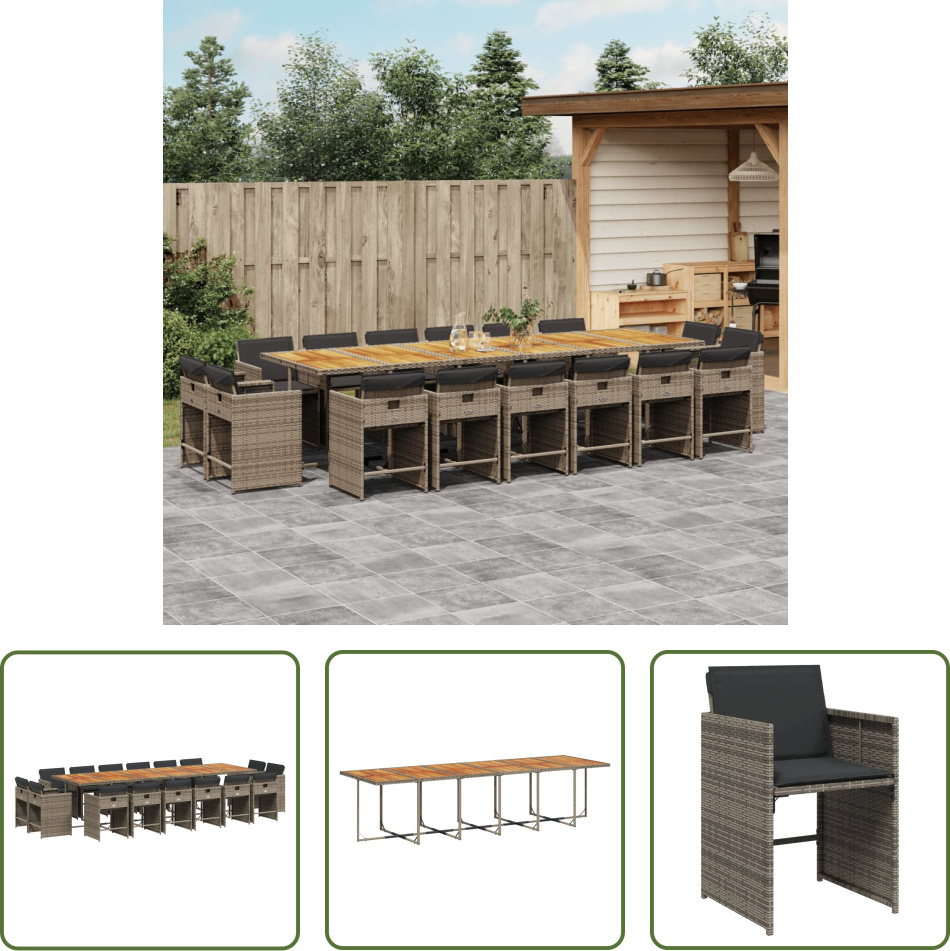 The Living Store 17-dielny záhradný jedálenský set s vankúšmi sivý polyratan