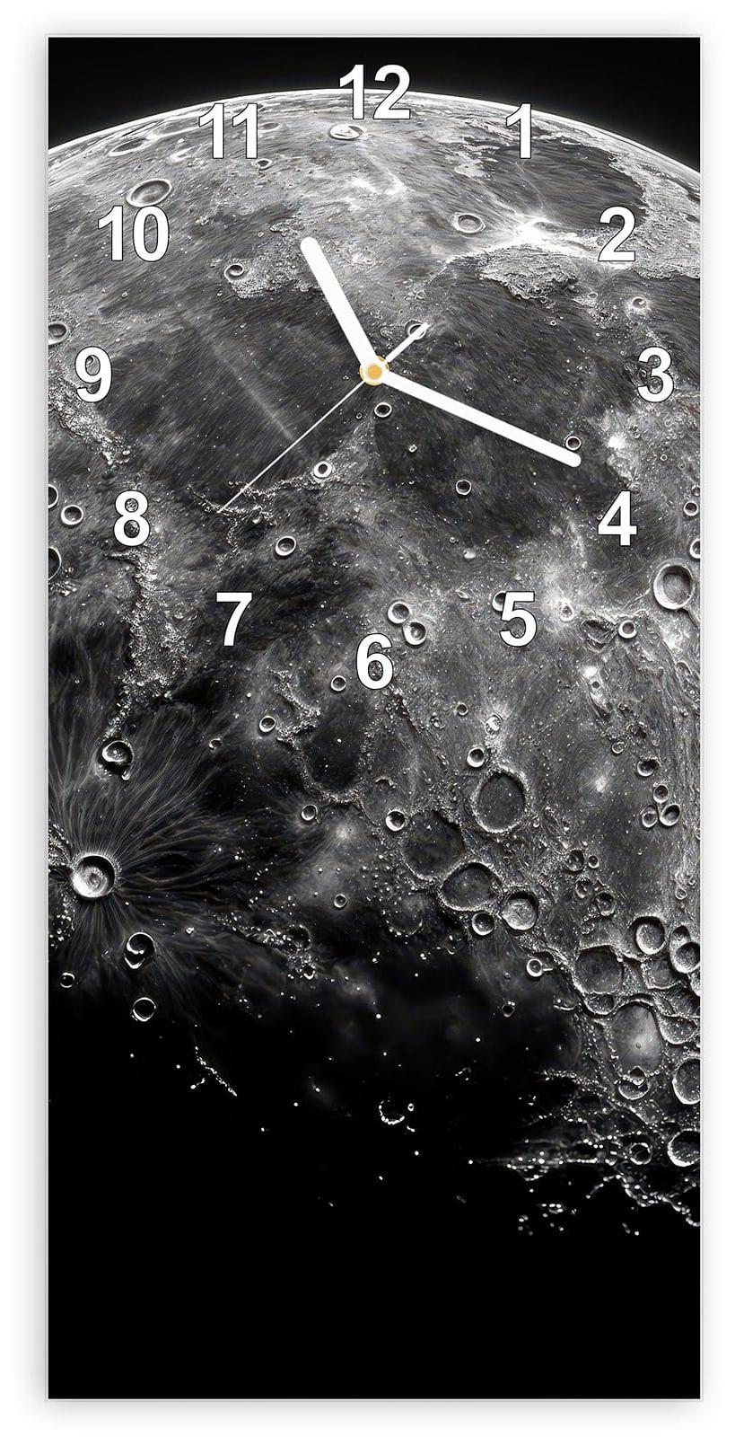 Primedeco Wanduhr aus Glas mit Motiv Mondkrater Close-up- 30 x 60 cm - inkl. Aufhängesystem