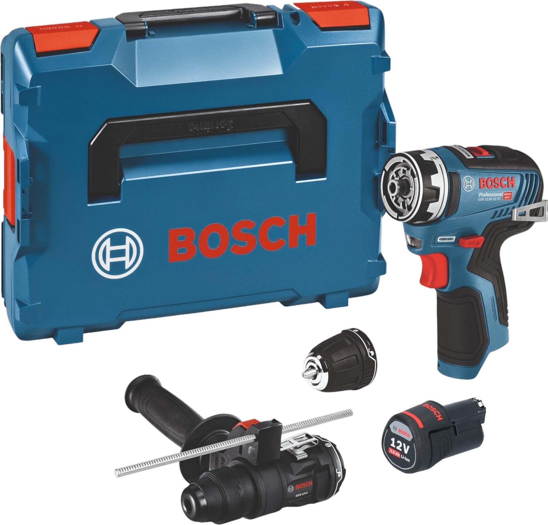 Bosch GSR 12V-35 FC Akku Bohrschrauber 12 V 35 Nm Brushless + 1x Akku 3,0 Ah + 2x Aufsatz + L-Boxx - ohne Ladegerät