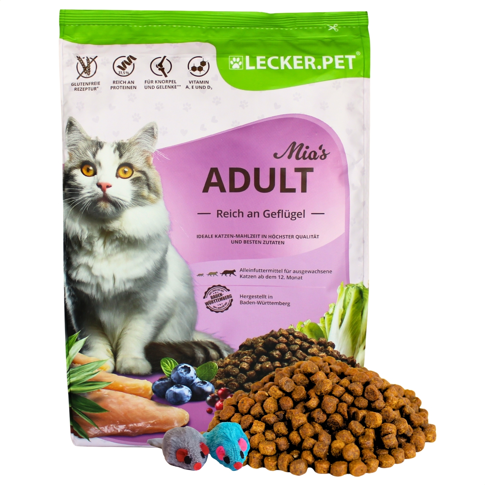 2,5 kg Mia's Adult Herzhaftes Geflügel Katzen Trockenfutter Lecker.Pet®+ 2 Mäuse 50810-001-Z5