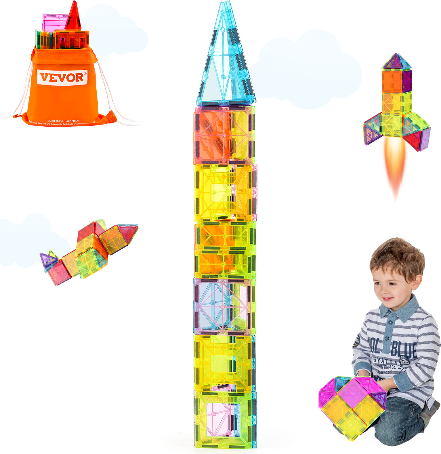 VEVOR Magnetfliesen, 32-teiliger magnetischer Bausatz für Kinder mit Aufbewahrungstaschen, sensorisches STEM-Lernspielzeug, Konstruktions-Stapelspielzeug