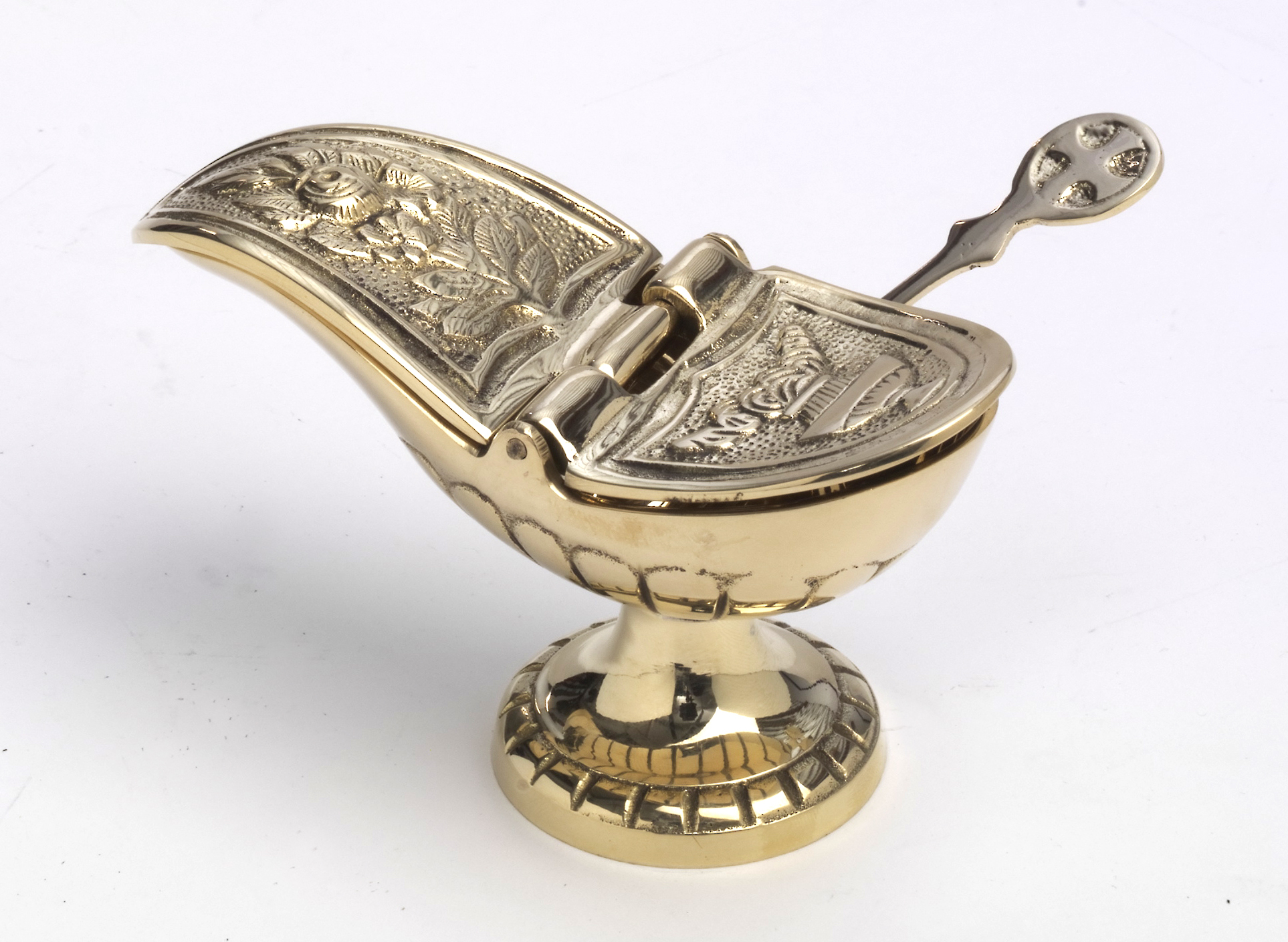 HECK Kirchenbedarf Weihrauch Schiffchen mit Löffel und Deckel Messing Gold (Höhe 7 cm x Länge 13 cm) HK10355.01