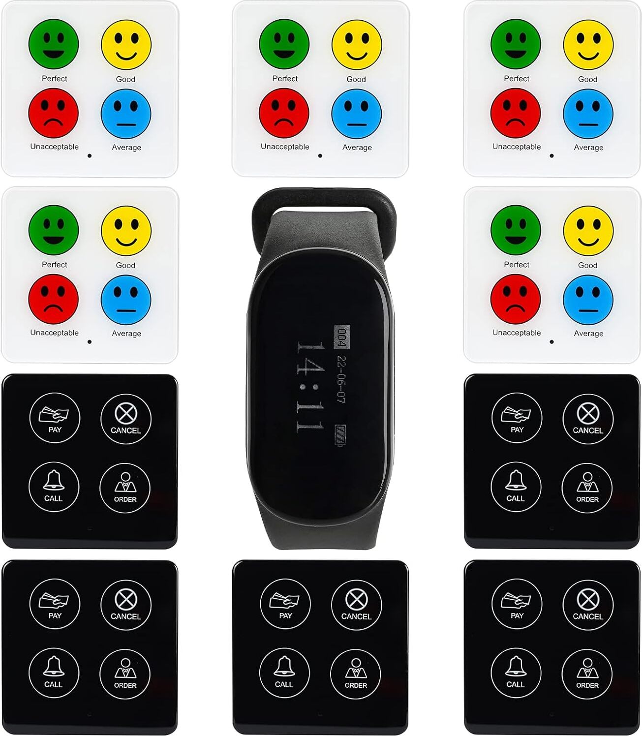 Retekess TD112-TD033-TD034 Pager System, Bewertungssystem mit Toilette Umfrage, Touch Taste, Wasserdicht, 7 Sprachen, für Restaurant Bar EUF9624F-F9637DX5-F9641AX5