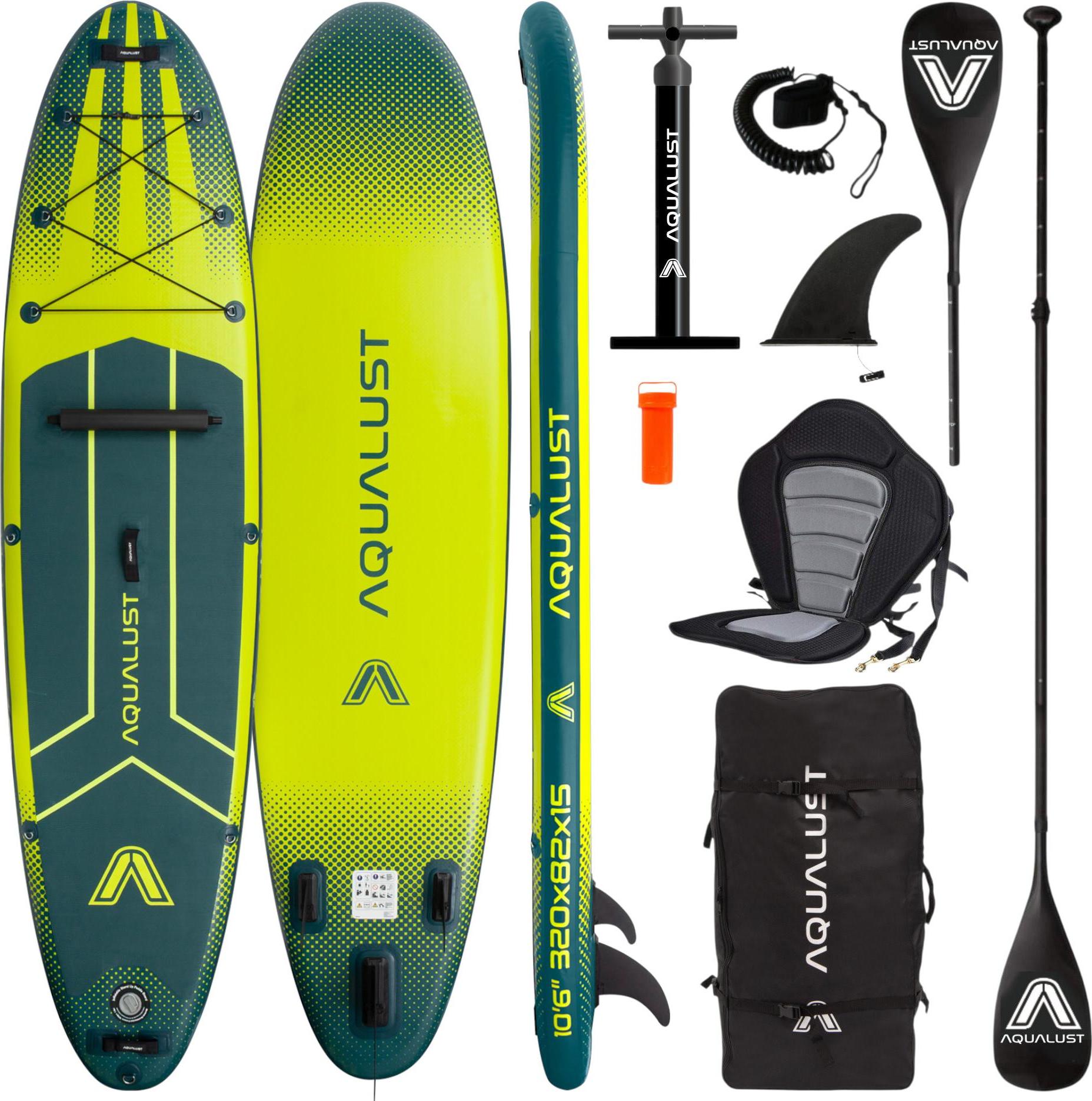 AQUALUST 10.6 iSUP Board Stand Up Paddle Surfboard nafukovací kompletný set 320cm - Obsah: board set+kajak pádlo+luxusné sedadlo