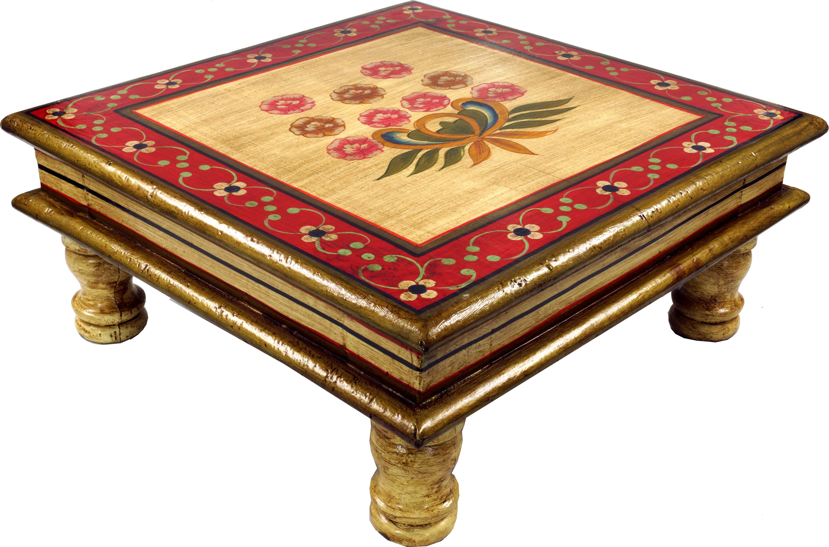 Guru-Shop Bemalter Kleiner Tisch, Minitisch, Blumenbank - Blümchen Gelb/rot, Holz, 16*38*38 cm, Kaffeetische & Bodentische 16327