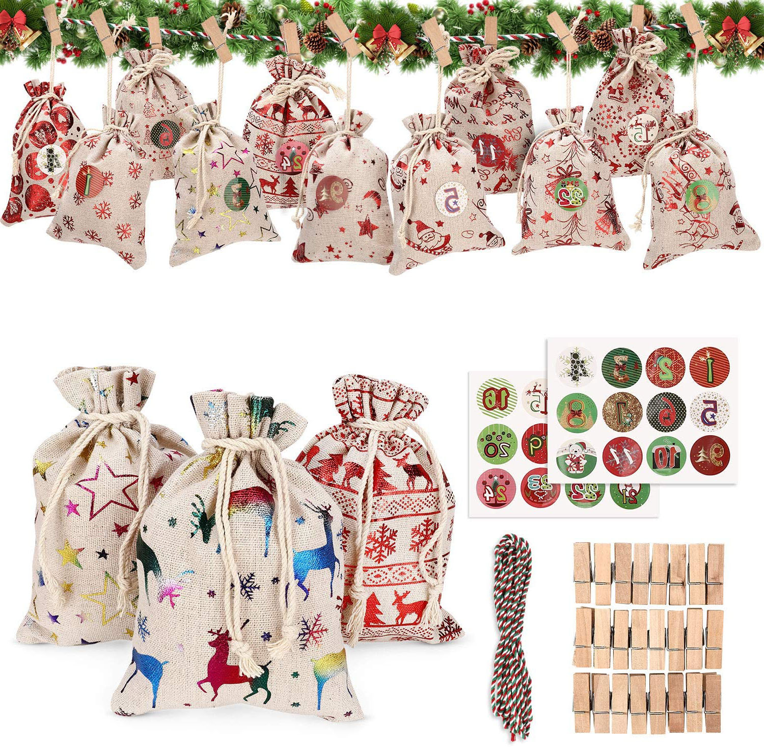 Jormftte 24 Adventskalender zum Befüllen, Adventskalender Stoffsäckchen zum Selberfüllen, Adventskalender 2020 Kinder, Weihnachten Geschenksäckchen, Säckchen für Adventskalender, Jutesack (24 Stück) kau-HT-11801