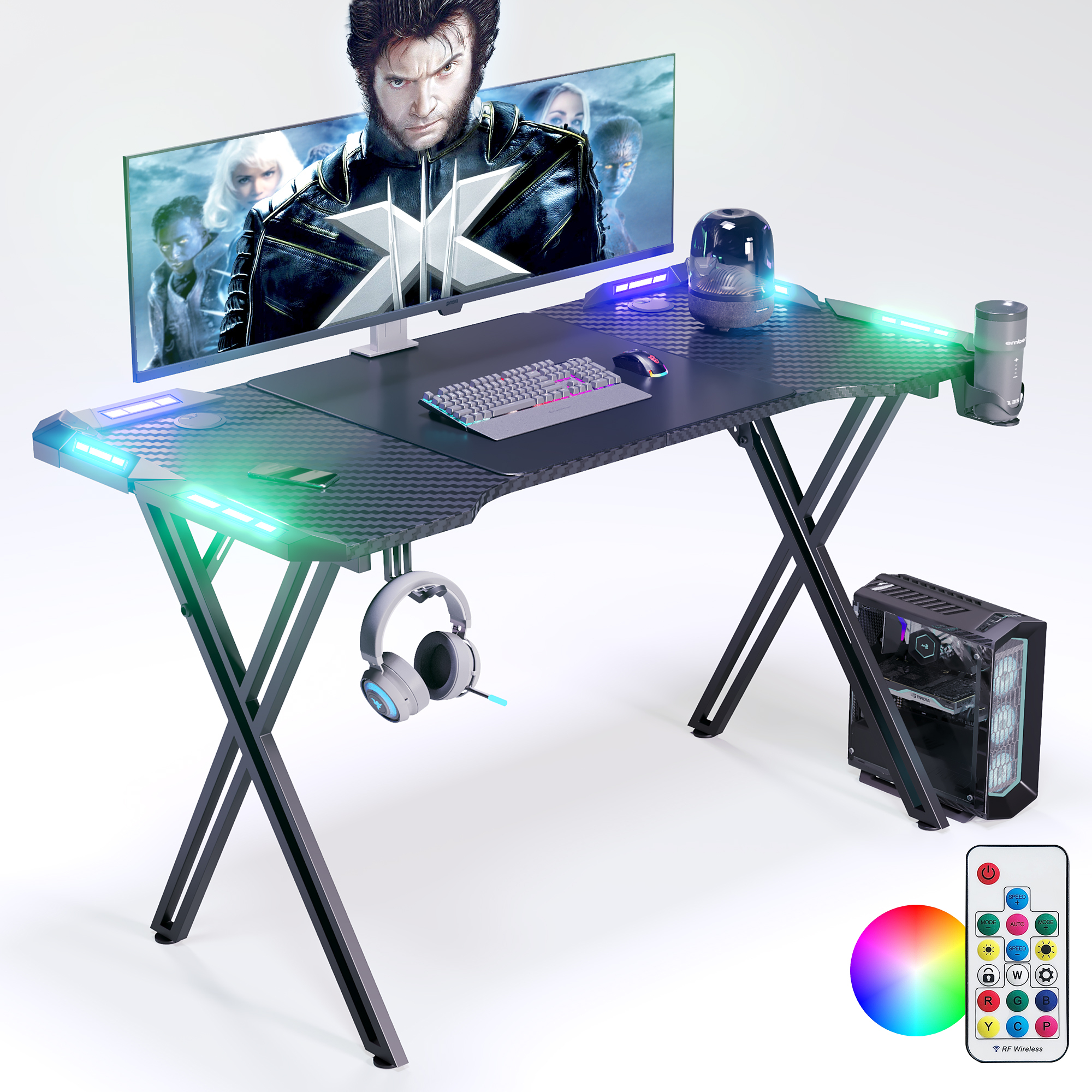 Scrivania A L Da Gioco Con Luci LED RGB E Presa USB, 101x70 Cm, Ripiano Porta PC, Supporto Monitor, Reversibile