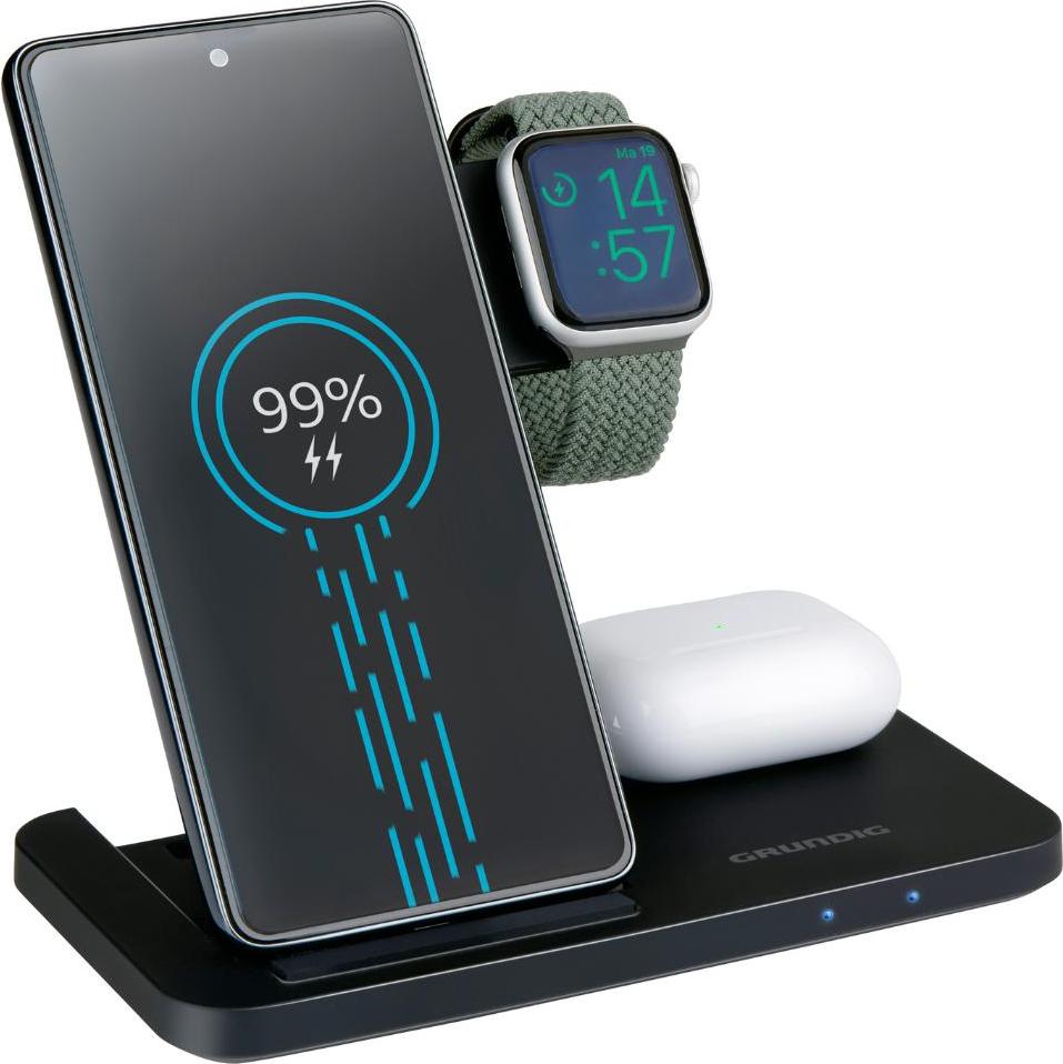 Nabíjacia stanica Grundig 3 v 1 pre Apple Watch a iPhone - Bezdrôtová nabíjačka s funkciou rýchleho nabíjania pre smartfón, smart hodinky, slúchadlá - Bezdrôtová nabíjačka - Skladacia nabíjačka
