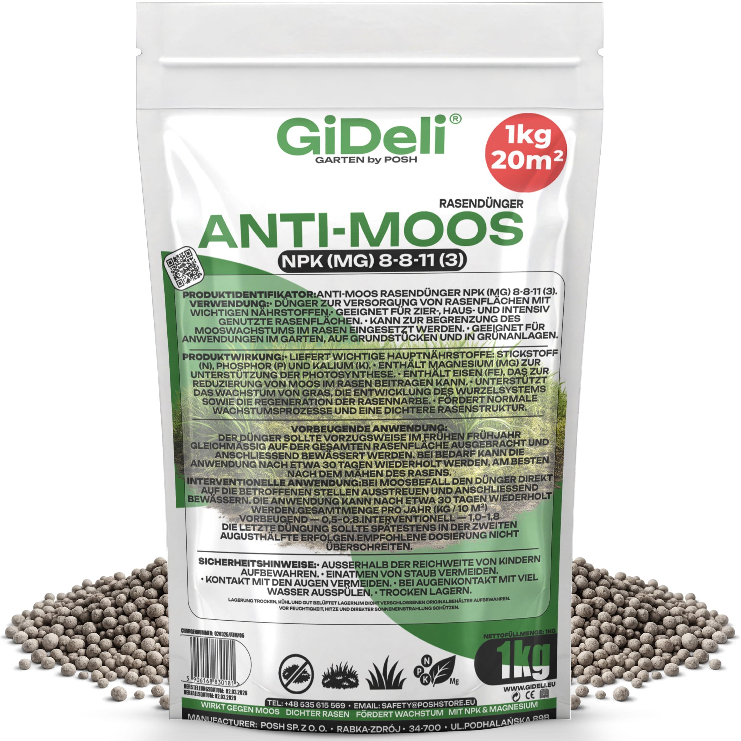 Posh Anti-Moos Rasendünger 1kg NPK 8-8-11 Frühjahr Eisen Magnesium Garten GiDeli