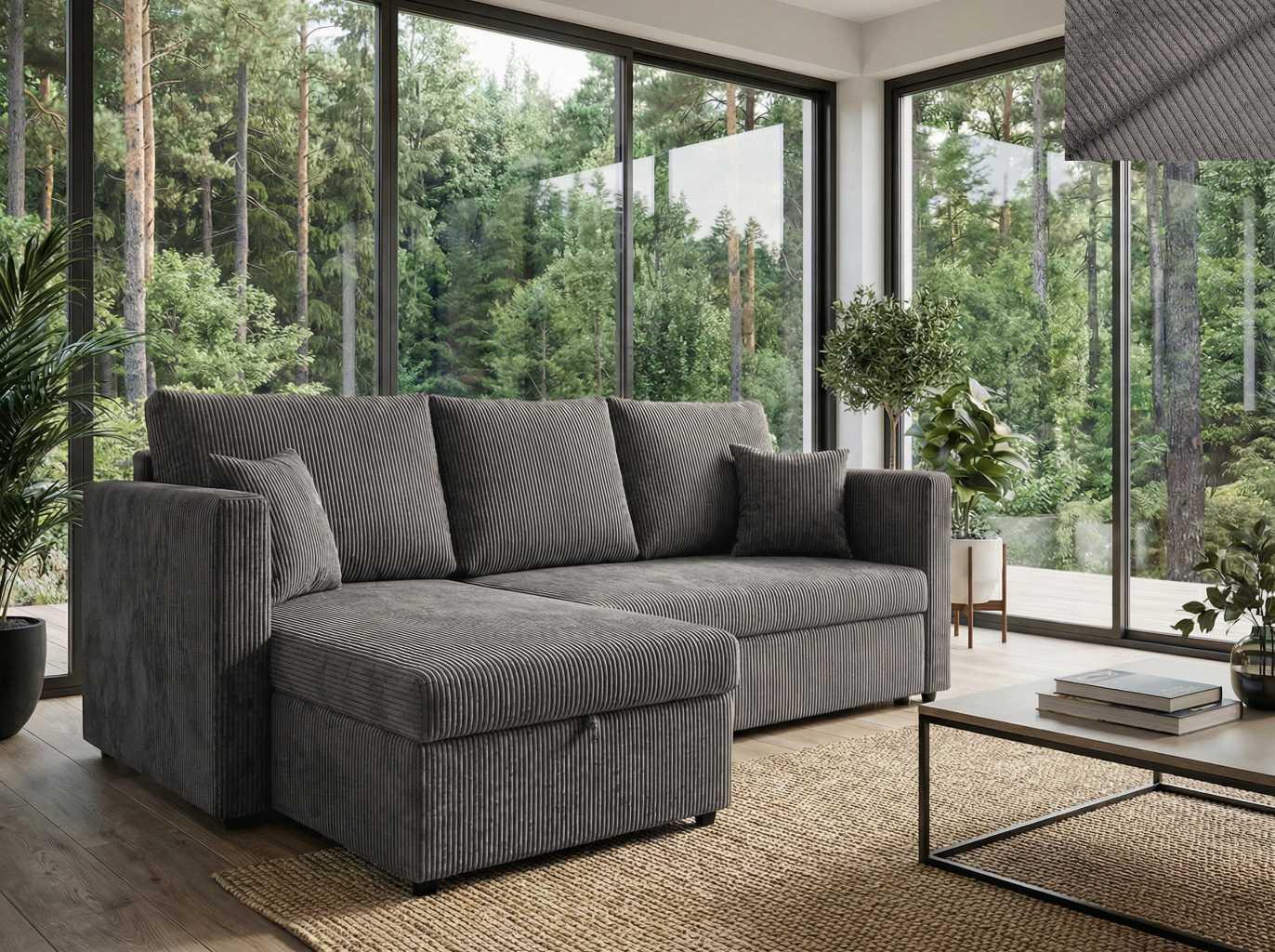Ecksofa PISA Nordelo 146×220×90 cm universell L/R, ausziehbar, Schlaffunktion 140×200, Bettkasten, Stoff Apollo Cord 22 HELLGRAU ECKSF-PISA-APLL-CORD-22