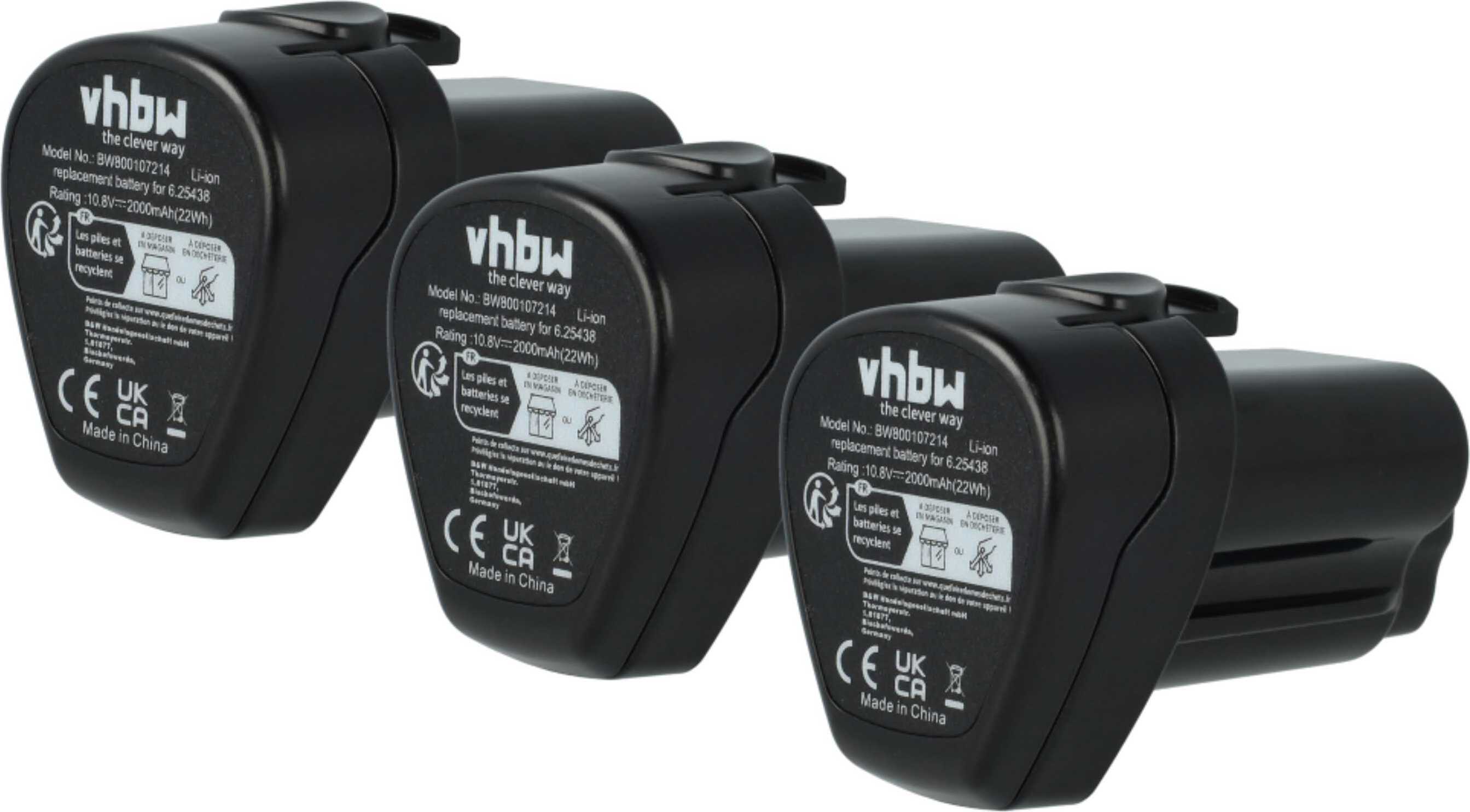 vhbw 3x Akku kompatibel mit Metabo PowerMaxx TLA LED, PowerMaxx SB Basic, PowerMaxx SLA LED, PowerMaxx SSD Werkzeug (2000 mAh, Li-Ion, 10,8 V) 120695305-6