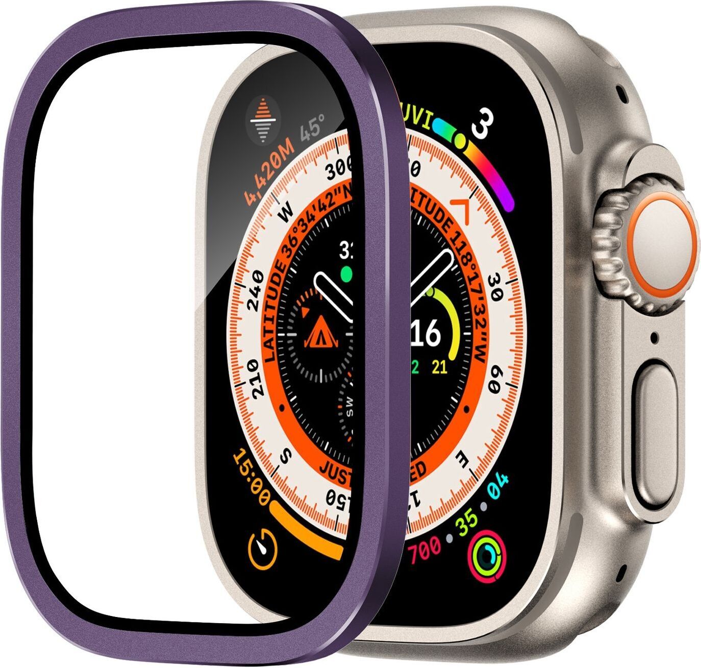 Pre Apple Watch Ultra 49mm puzdro z hliníkovej zliatiny + tvrdené sklo Fialová