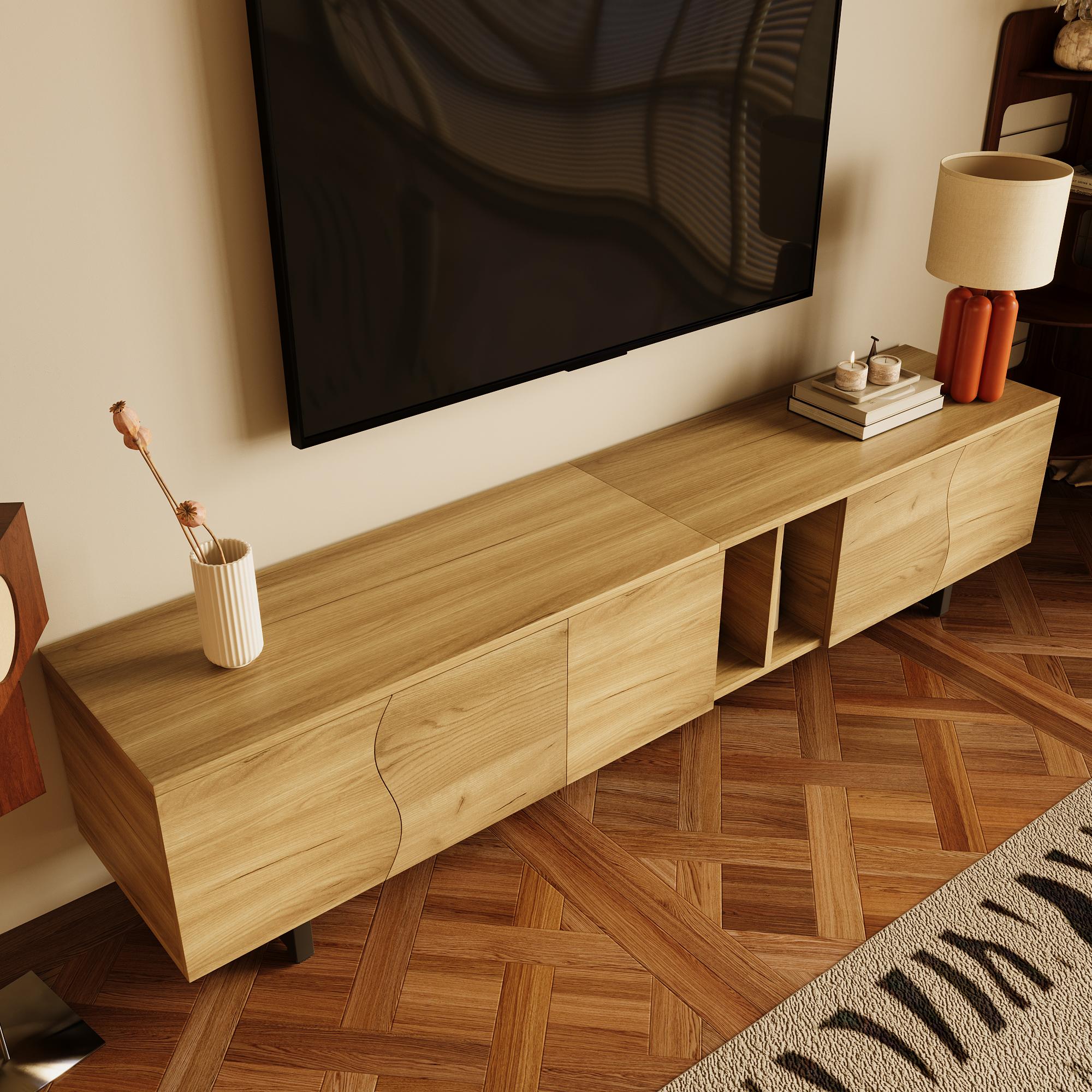 okwish TV-Schrank TV-Ständer mit Holzmaserung,Fernsehschrank mit offenem Boden und offenen Regalböden,Lowboard mit Eisenrahmen und offener Unterseite,natur
