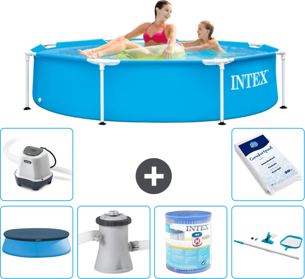 Bazén Intex s okrúhlym rámom - 244 x 51 cm - modrý - vrátane krytu - filtračné čerpadlo pre bazén - filter - čistiaca súprava - systém slanej vody - bazénová soľ