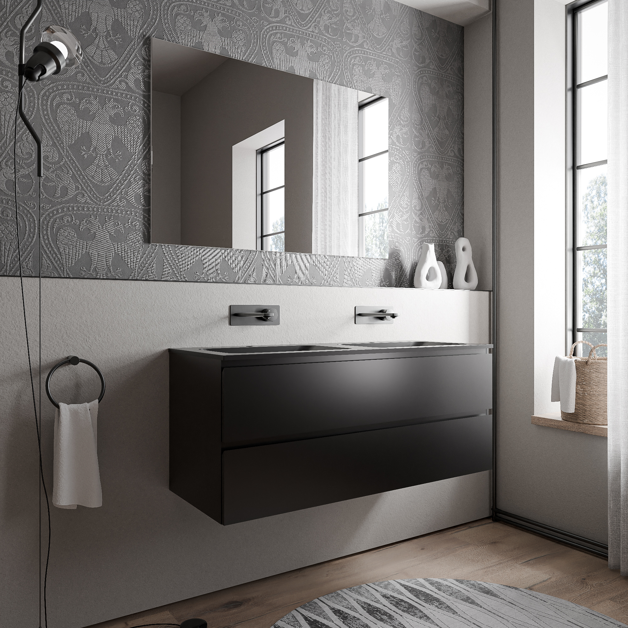 Unterschrank AVA 120 cm mit Mineralguss Waschbecken BRUXELLES - Farbe wählbar, Auswahl Waschbecken:Schwarz matt ohne Hahnloch, Farbe Badmöbel:Schwarz matt