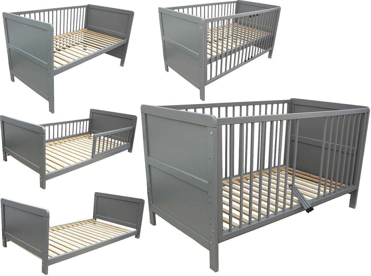 Kinderbett Juniorbett Beistellbett 140x70cm 3in1 grau