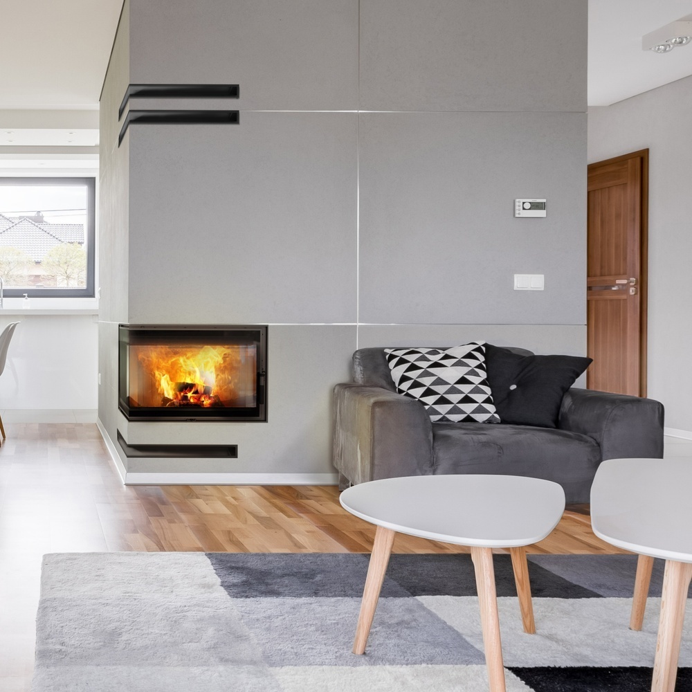 Oceľový krb Lucy vľavo s 14 kW Ø 200