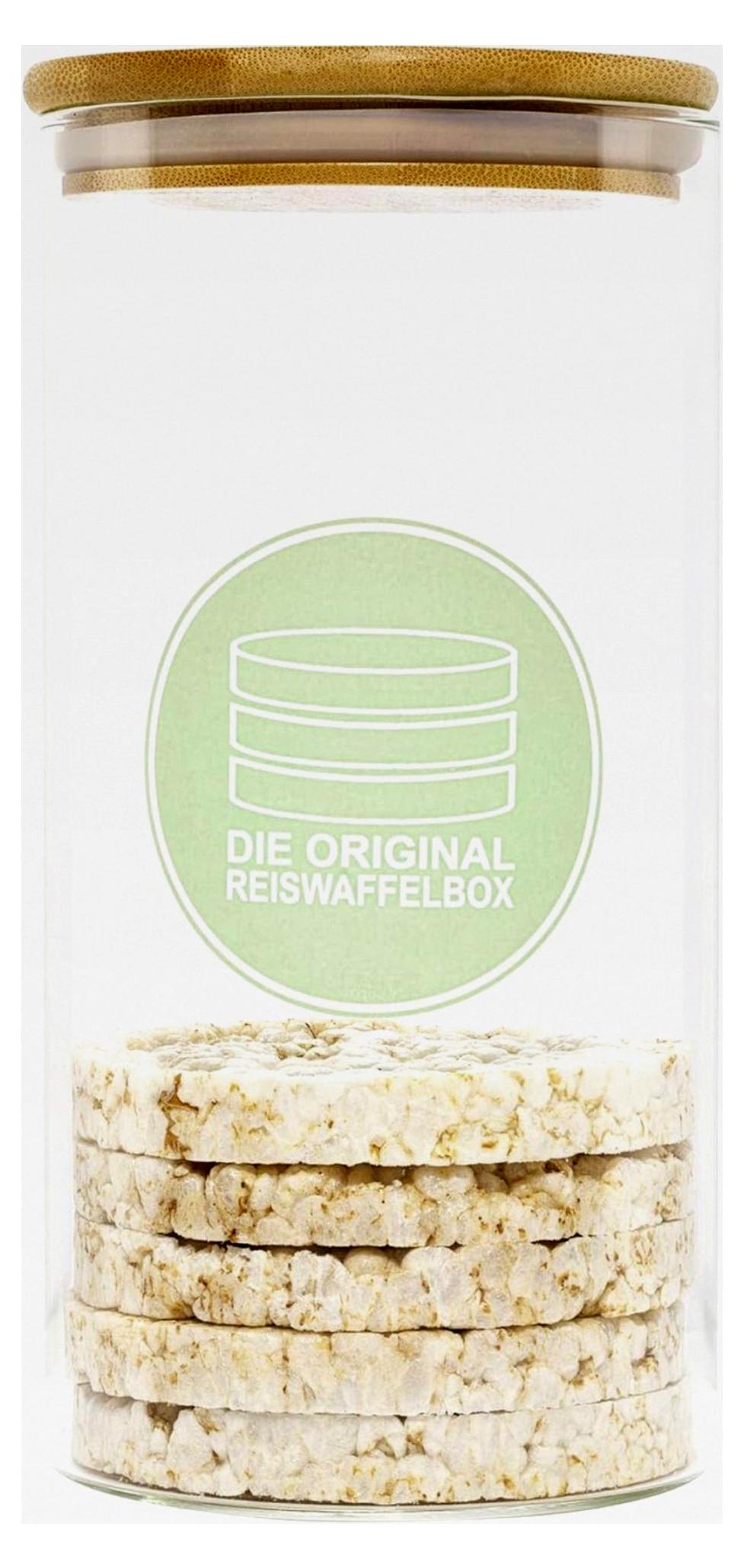 Markenlos Reiswaffeldose aus Glas mit Bambusdeckel und Silikonring - Luftdicht - für Reiswaffeln bis 9,5 cm