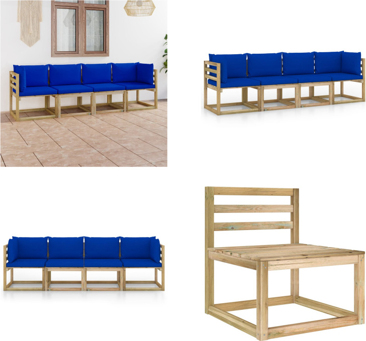 vidaXL Záhradná pohovka 4-miestna s vankúšmi v modrej farbe - Záhradná pohovka - Drevená pohovka - 4-miestna záhradná pohovka