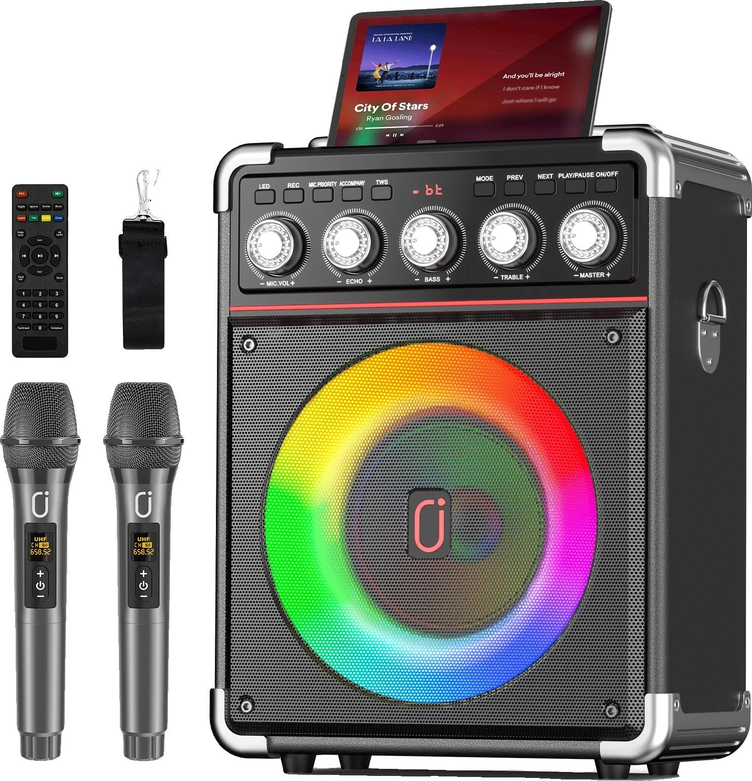 Karaoke reproduktor, výdrž batérie 24 hodín, pripojenie cez Bluetooth 5.0, 20 kanálov, RGB LED osvetlenie, prenosný dizajn