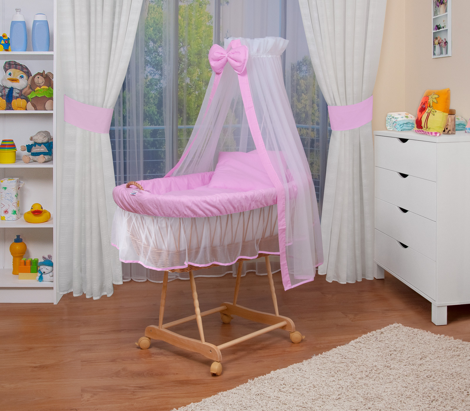 Waldin Baby Stubenwagen-Set mit Ausstattung,XXL,Gestell natur,rosa/weiß 1203-78
