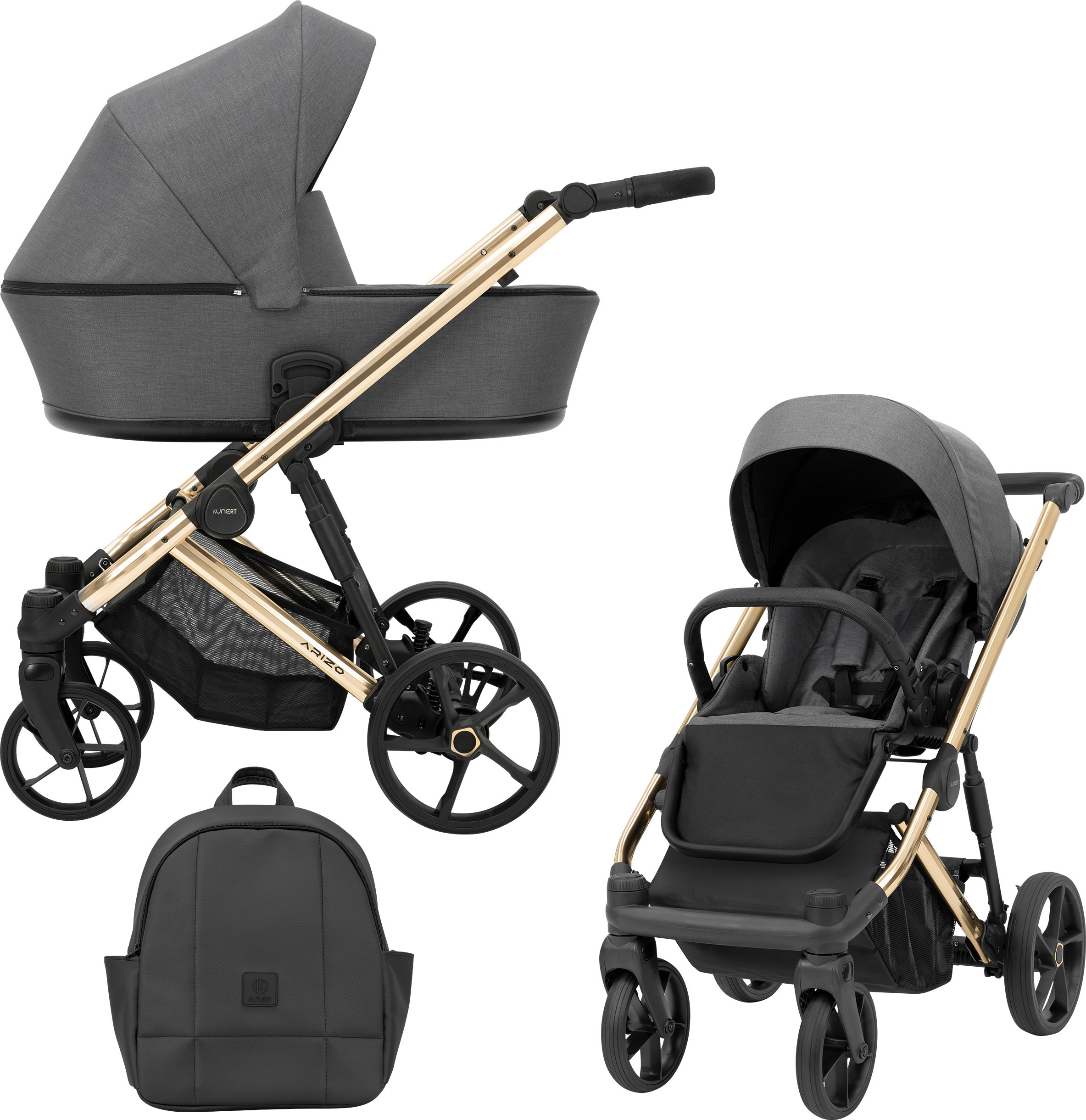 Kinderwagen ARIZO Sportwagen Babywagen Babyschale Komplettset Kinder Wagen Set 2 in 1 (Graphite, Rahmenfarbe: Gold)