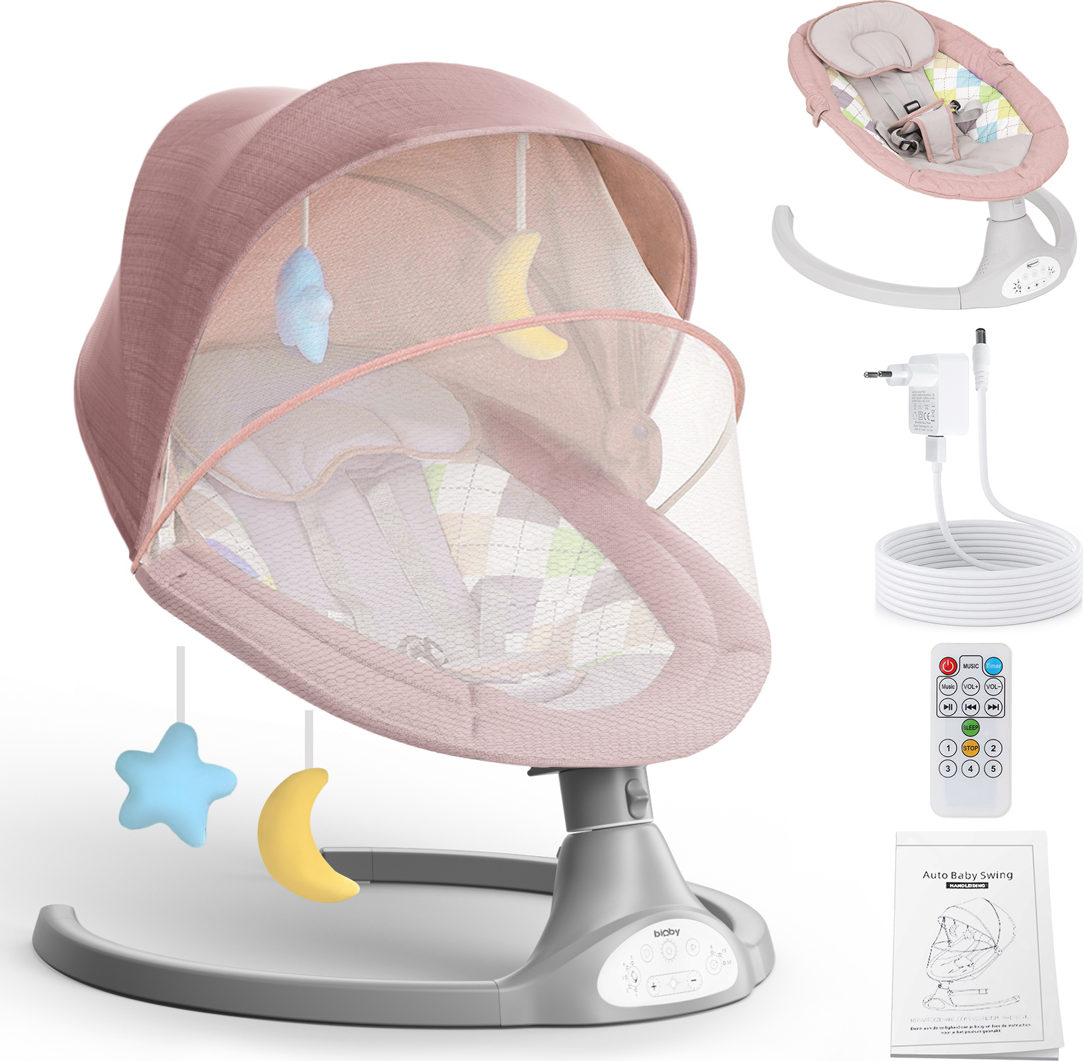 bioby Babyschaukel, elektrische Babywippe mit bluetooth-Musik, Tragbare Babywippe, Babyschaukel elektronisch ab Geburt bis 9kg PINK