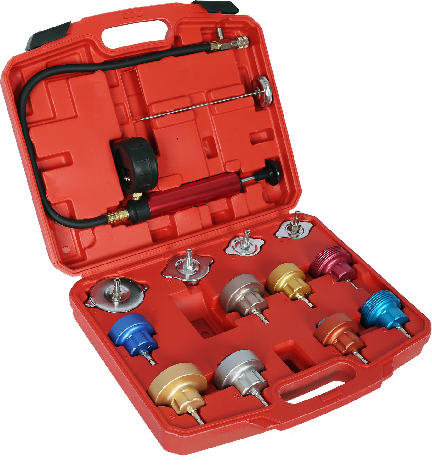 Wiltec Universal Kühlsystemtester 14-teilig mit farbkodierten Kühlertestkappen & Testpumpe, Kühlsystementlüfter Kühlsystembefüller Kühlsystemprüfer 62575