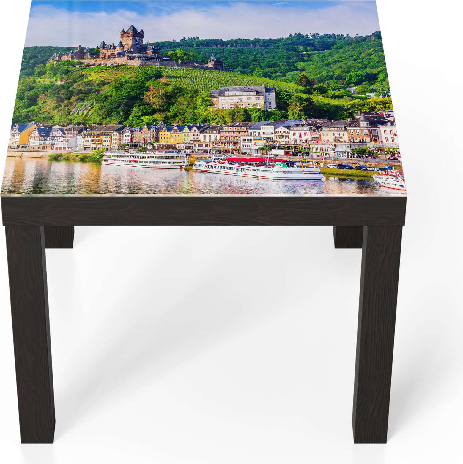 DEQORI Couchtisch 55x55 cm Schwarz 'Burg Cochem mit Mosel' Glas Beistelltisch TL-55-55-B-1730