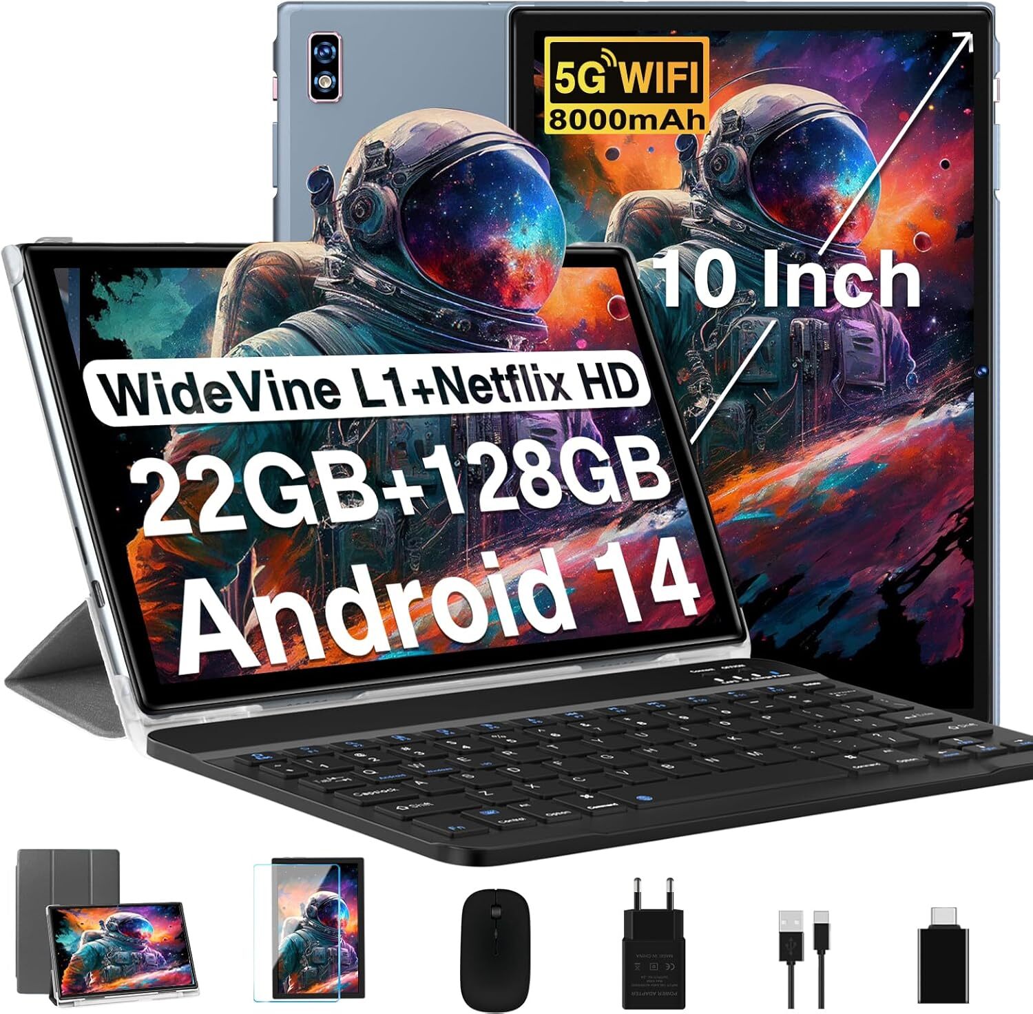 2025 Najnovší tablet 10" Android 14 Tablet, 22 GB RAM + 128 GB ROM/1 TB TF, Octa-Core, 2,0 GHz, 5G 2,4 g WiFi, BT 5.0, 8000 mAh, Widevine L1.8 + 5